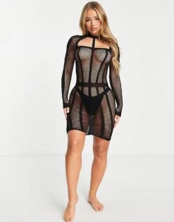Ann Summers Jupiter Sheer Fishnet High Neck Long Sleeve Dress In Black For Women -Ann Sum Wear Shop 201462907 4