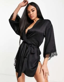 Ann Summers Cherryann Lace Trim Satin Robe In Black For Women -Ann Sum Wear Shop 201513278 1 black 1