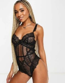 Ann Summers Sweetheart Lace And Spot Mesh Underwired Bodysuit With Lace Frill Strap Detail In Black For Women -Ann Sum Wear Shop 203647891 1 black 1