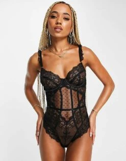 Ann Summers Sweetheart Lace And Spot Mesh Underwired Bodysuit With Lace Frill Strap Detail In Black For Women -Ann Sum Wear Shop 203647891 3