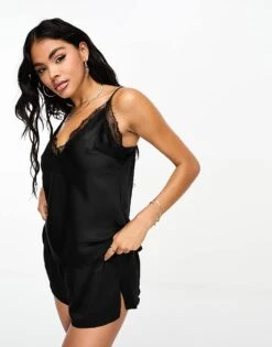 Ann Summers Cerise Lace Trim Satin Cami Short Set In Black For Women -Ann Sum Wear Shop 205311013 4