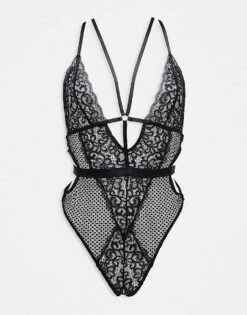 Ann Summers Obsession Lace And Fishnet Plunge Front Crotchless Bodysuit With Strapping Detail In Black - BLACK For Women