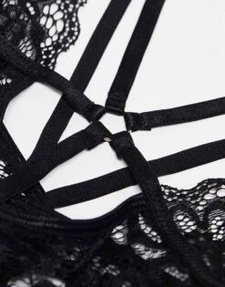 Ann Summers Obsession Lace And Fishnet Plunge Front Crotchless Bodysuit With Strapping Detail In Black - BLACK For Women -Ann Sum Wear Shop 205415645 3