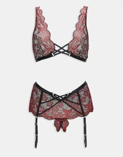 Ann Summers Valentines Brooke Floral Lace Crotchless Set In Red For Women Black/red -Ann Sum Wear Shop 206212248 1 blackred 1