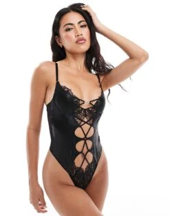 Ann Summers Liberating Wetlook PU Non Padded Bodysuit With Contrasting Eyelash Lace In Black - BLACK For Women
