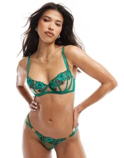 Ann Summers Caged Rose Embroidered Non Padded Balcony Bra In Green For Women