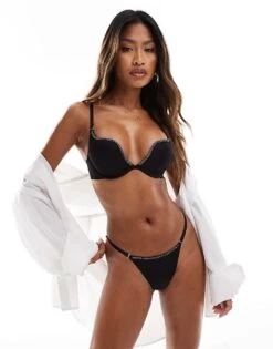 Ann Summers Compassionate Microfibre Padded Plunge Bra With Diamante Detail In Black For Women