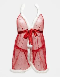Ann Summers Let It Snow Babydoll With Faux Fur Detailing In Red For Women