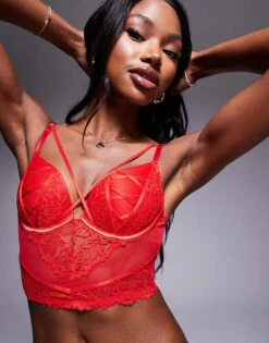 Ann Summers Sweet Surrender Padded Plunge Corset Lace And Mesh Bra In Red For Women