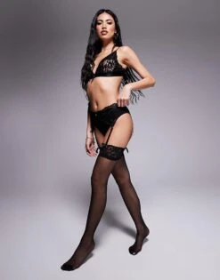 Ann Summers Lace Top Glossy Stocking - BLACK For Women