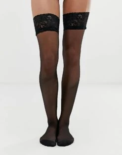 Ann Summers Lace Top Glossy Hold Up For Women Black